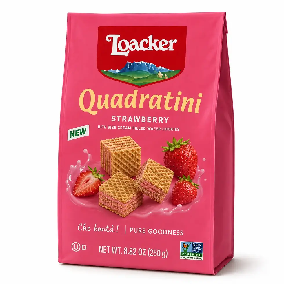 Loacker Quadratini Strawberry Wafers 8.82 oz pink bag front view