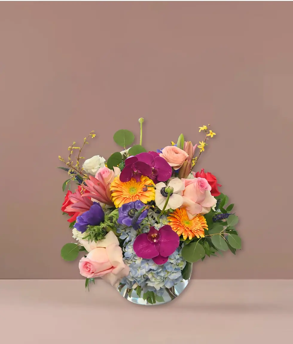 Colorful orchid garden flower arrangement with roses and hydrangea in vase – same day delivery Oceanside NY
