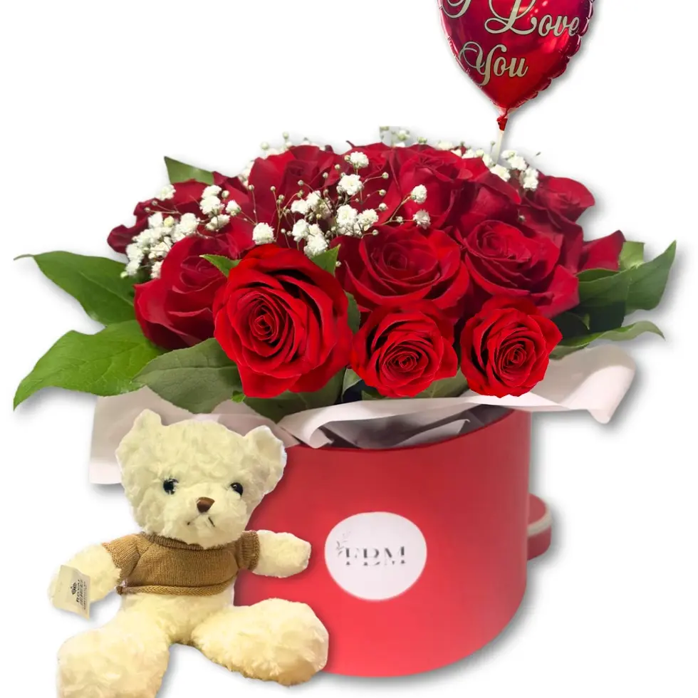 Valentine’s roses gift box with teddy bear balloon and Baci chocolates Oceanside East Rockaway delivery