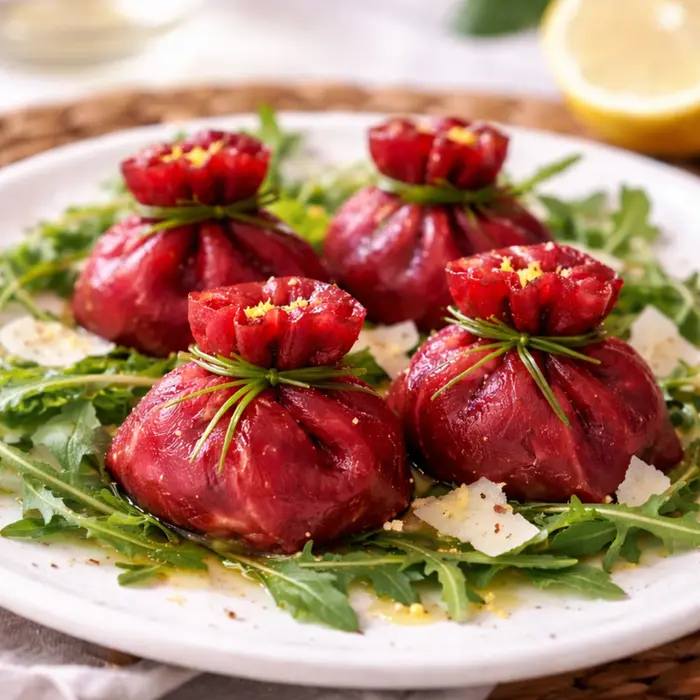 Bresaola saccottini filled with stracchino on fresh arugula with lemon zest