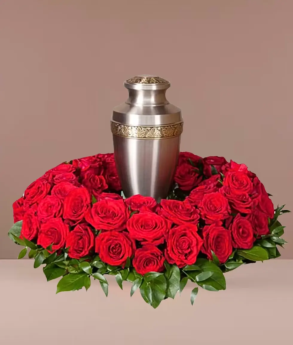 Urn flower arrangement with red roses – Flowers by Mike NY, East Rockaway, Oceanside