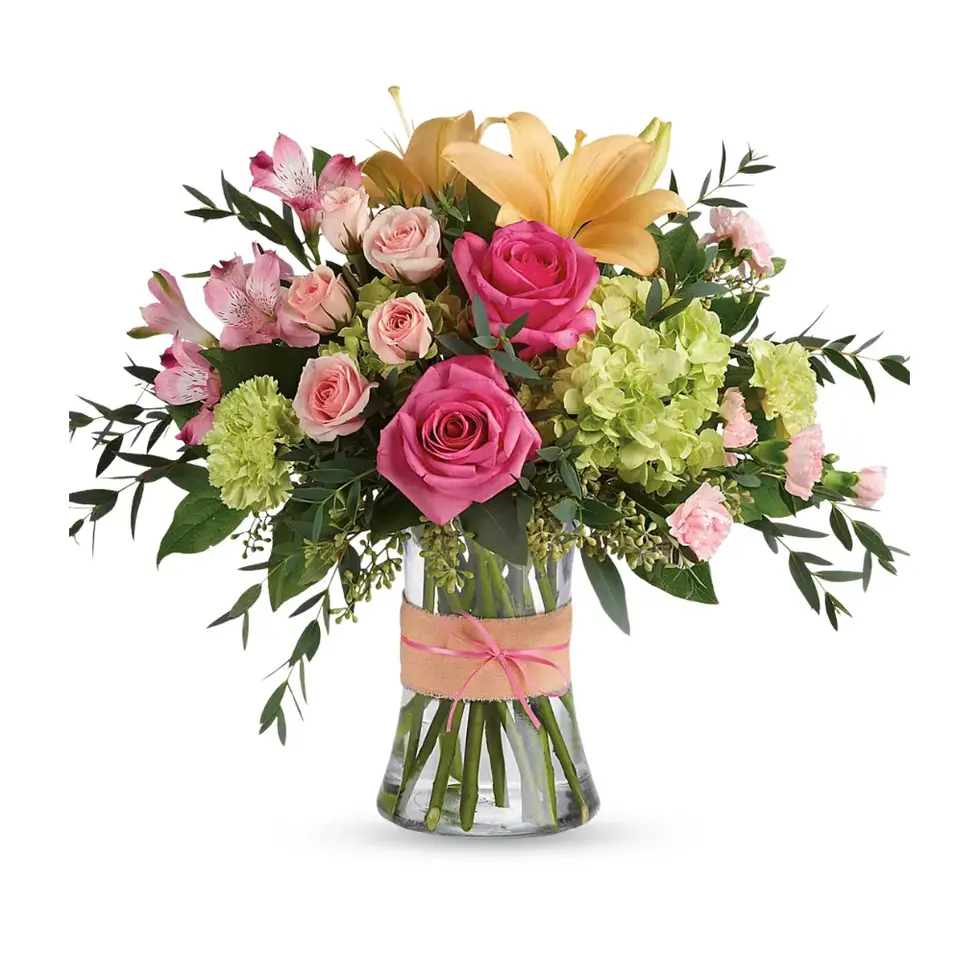 Blush Life Bouquet with pink roses, lilies, and hydrangea. Flowers by Mike, East Rockaway & Oceanside Congratulations flowers