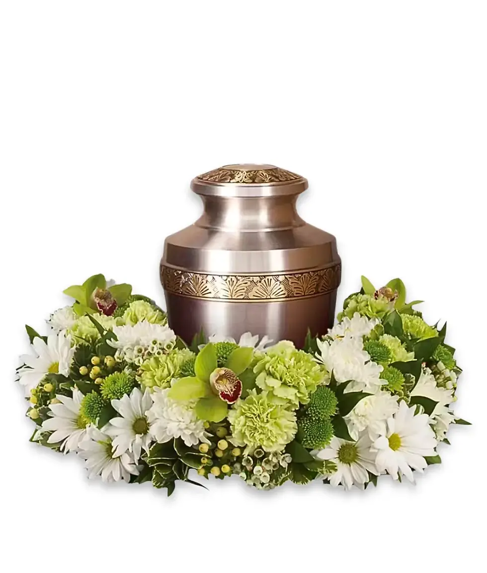 White and green urn tribute – Flowers by Mike East Rockaway Oceanside NY
