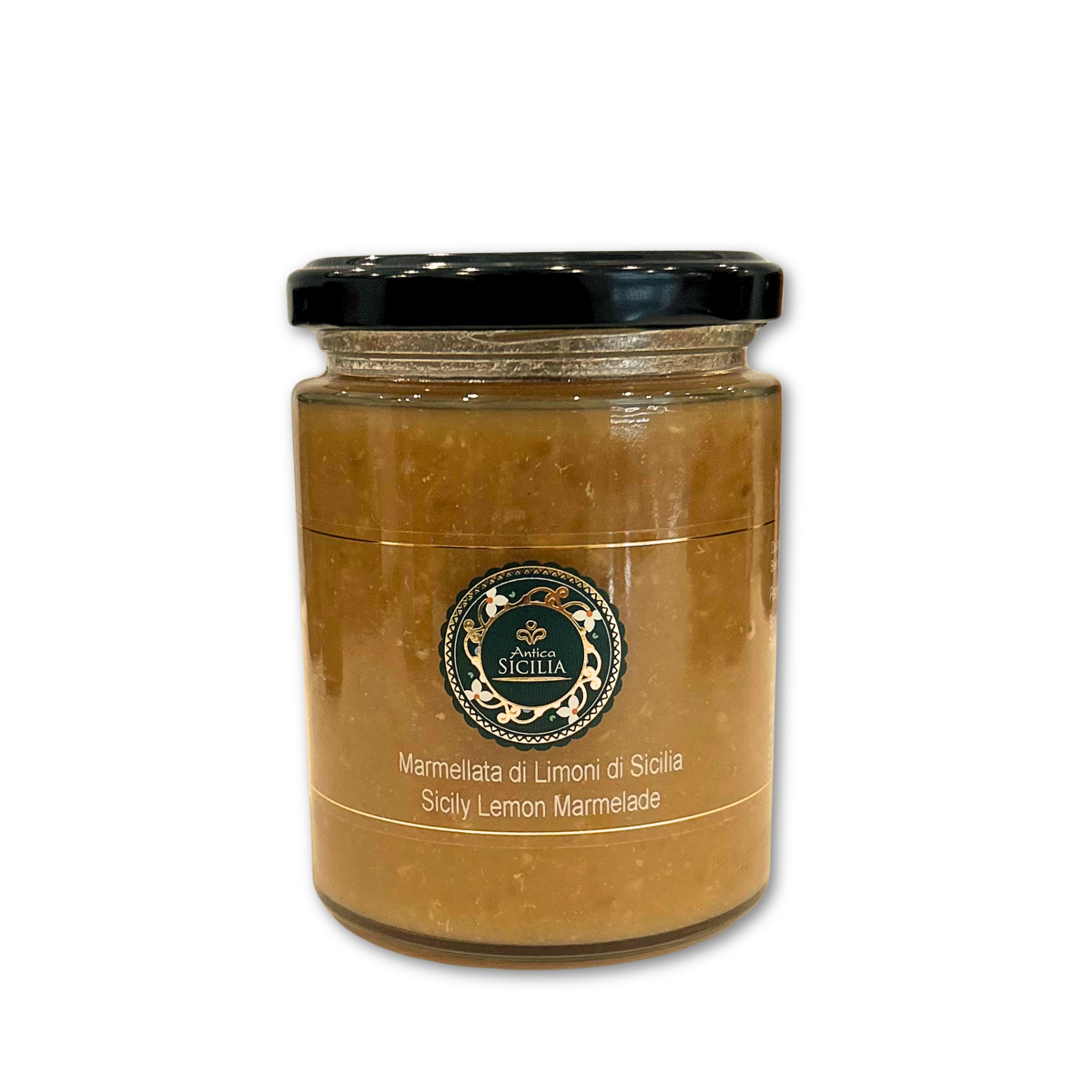 Jar of Sicilian Lemon Marmalade with a black lid and circular logo on the front.