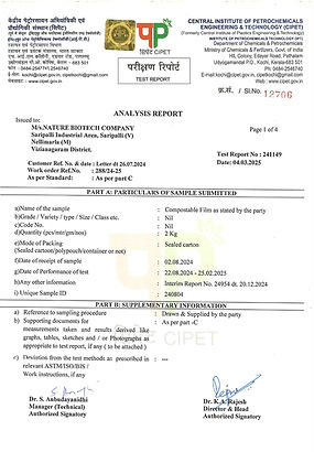 CIPET Test Report No. 241149 for Nature Biotech compostable film sample