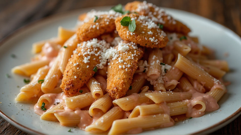 Plate of penne pasta with pink sauce topped with crispy breaded chicken and a sprinkle of cheese and herbs, on a wooden table.