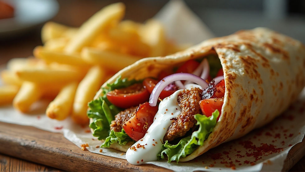 Grilled Lebanese chicken shawarma wrap with charred chicken, fresh lettuce, cherry tomatoes, red onions, and garlic sauce in a warm pita, paired with crispy fries
