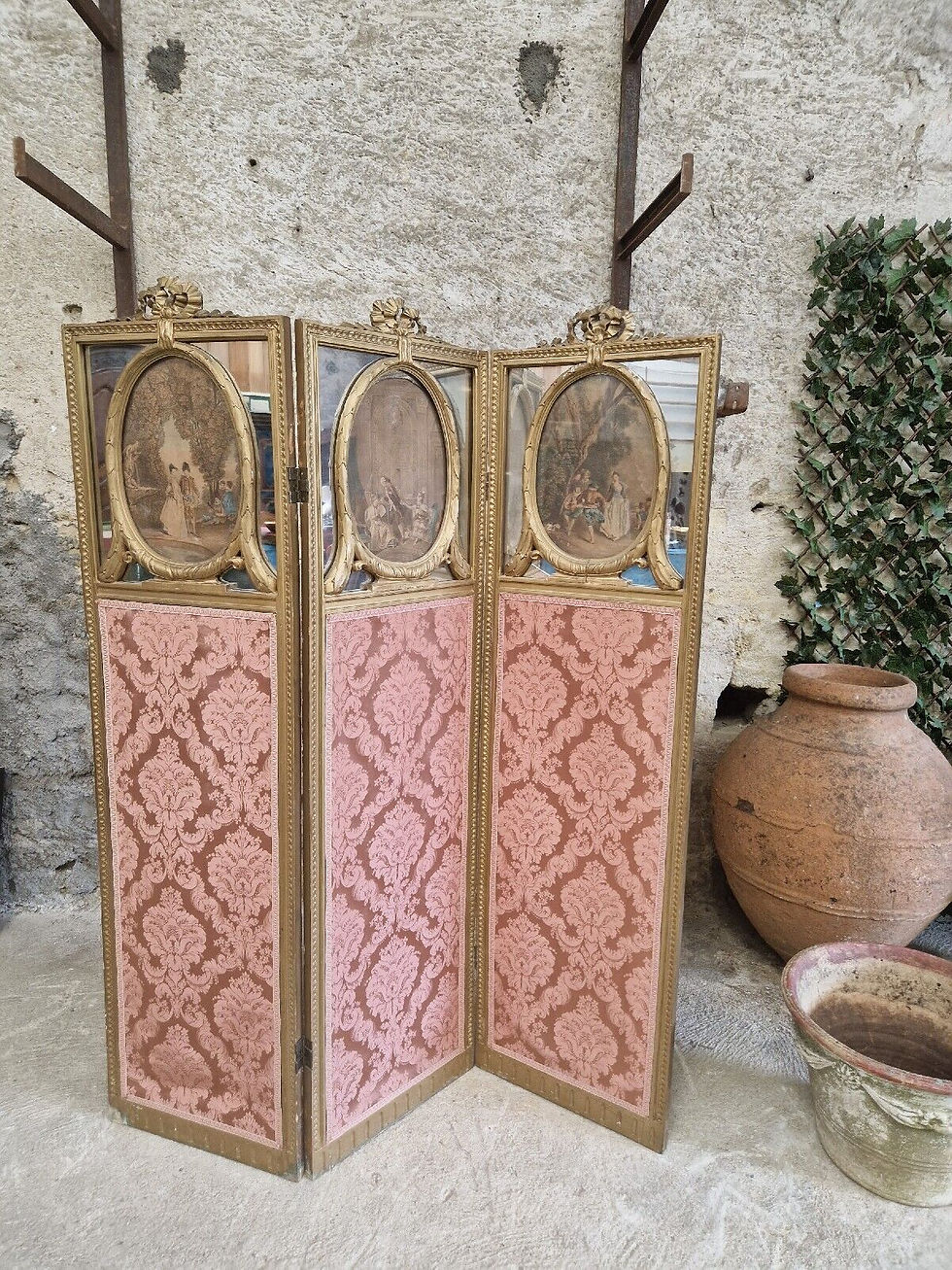 Miniature : Antique French Room Screen Paravent Louis XVI Gilded Frame