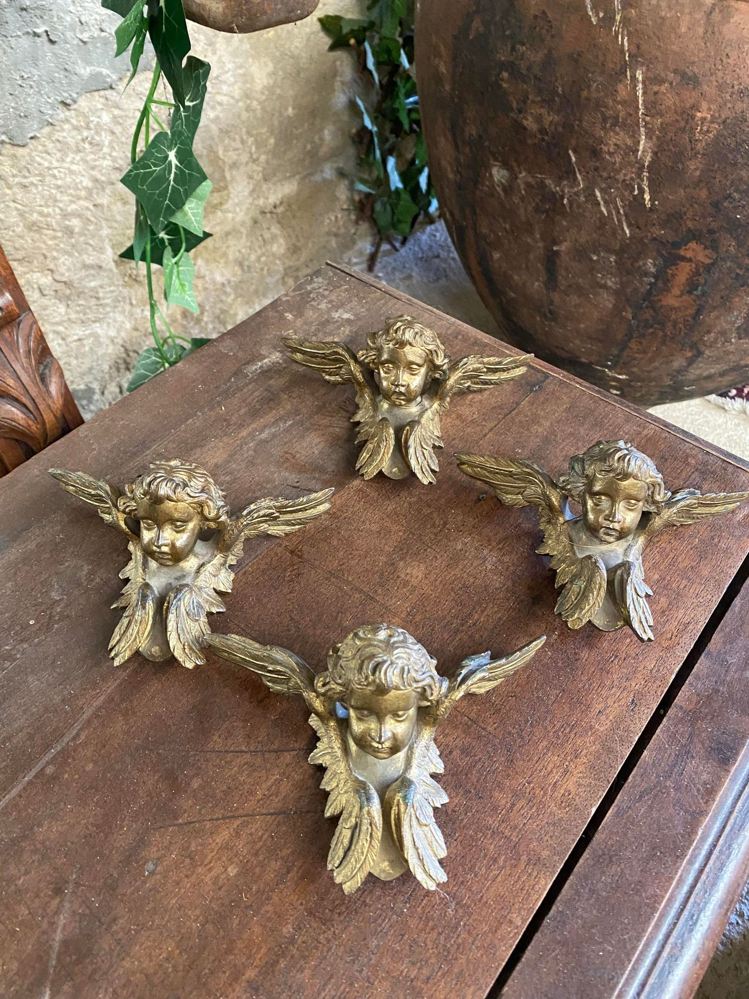 Antique Bronze Bust of Angel Heads with Wings 19th Century