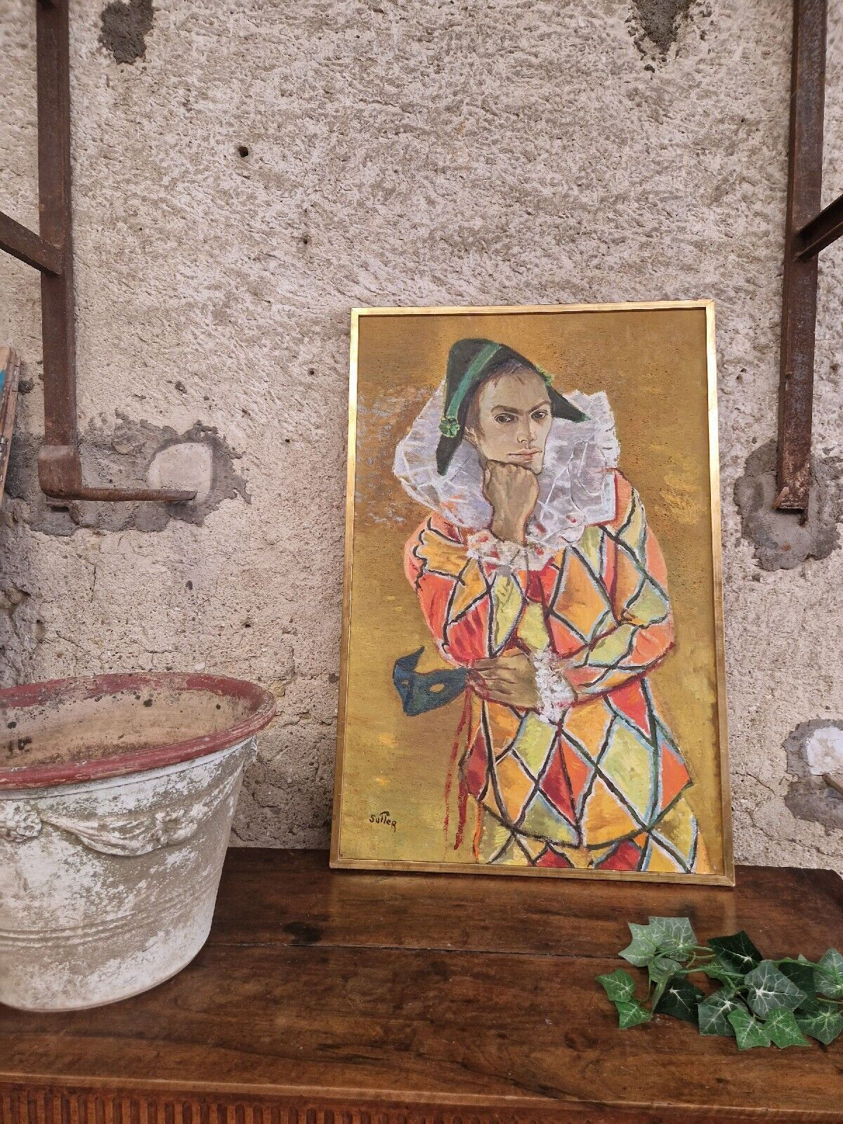 Antique Oil Painting On Canvas Harlequin French Mid Century Signed