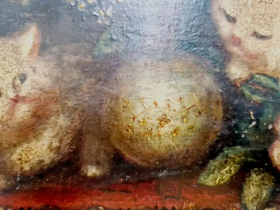 Miniature : Oil Painting Kittens 19th Century Signed COSTA