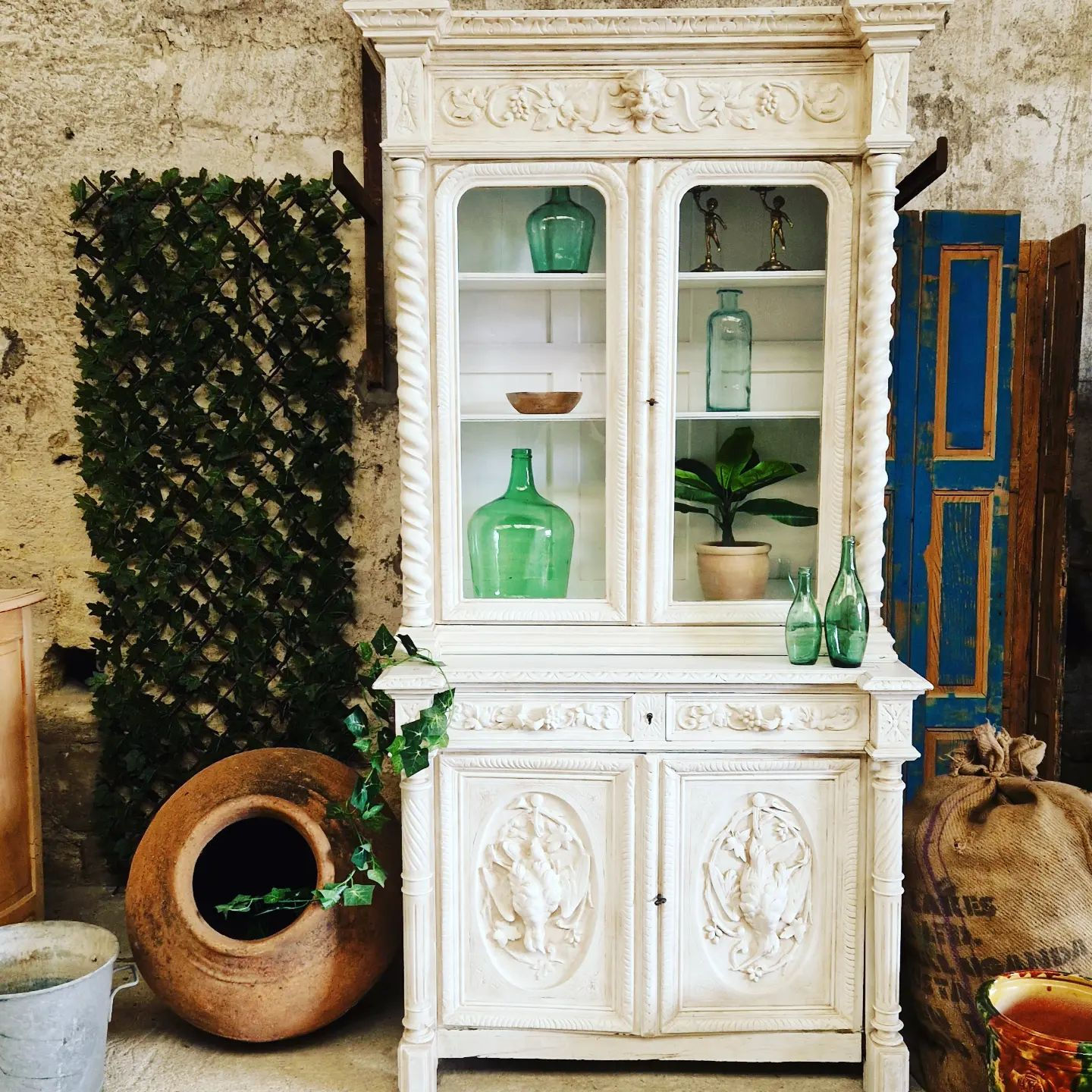 French Old White Painted Cupboard Hand Carved Gothic Style