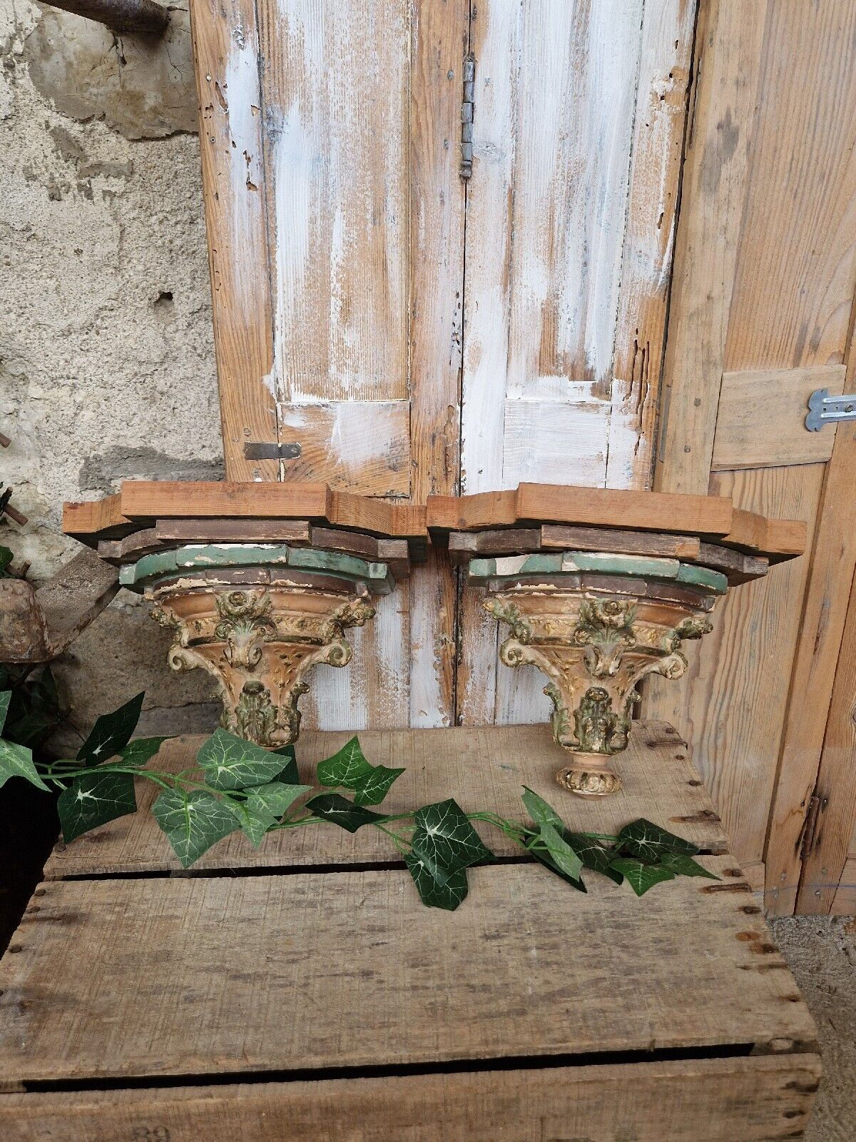 Antique Church Console Shelves Religious Wooden Carved Sculpture