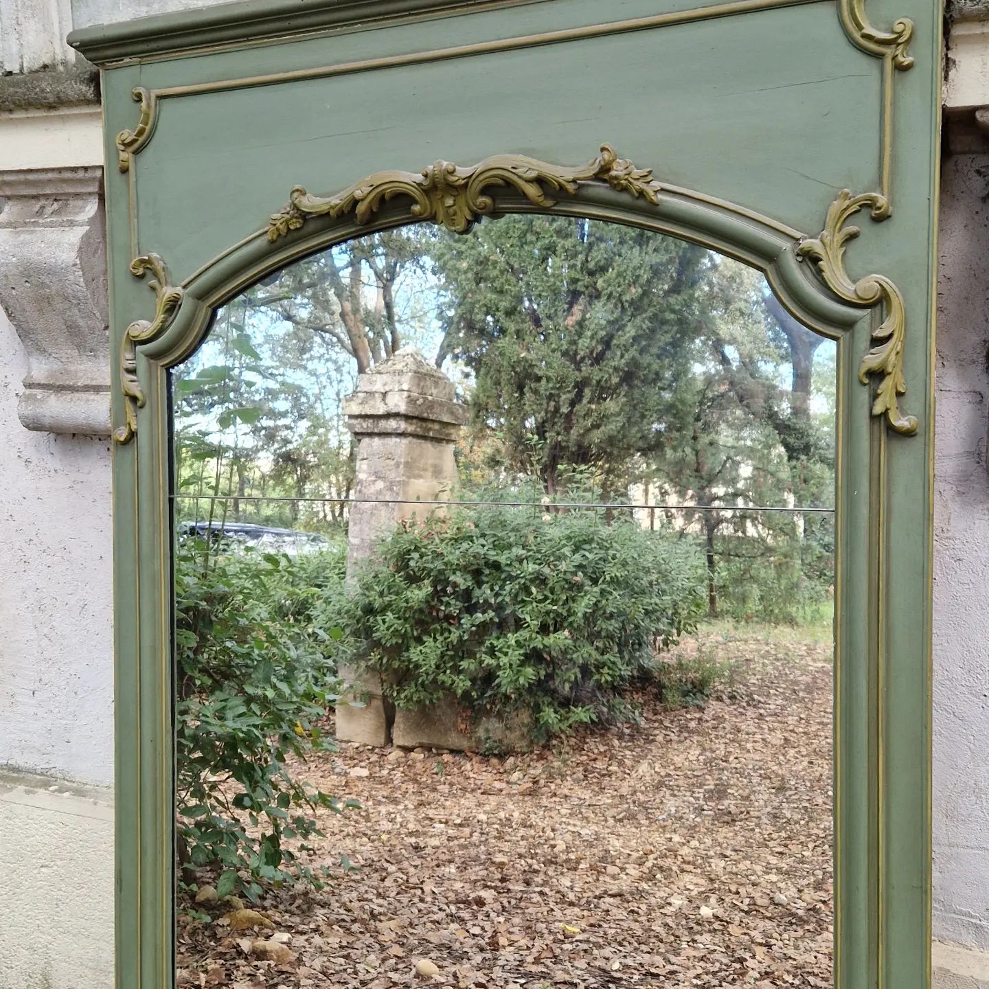 Antique Mirror Large French Mirror Painted Sage Scroll Details Panel