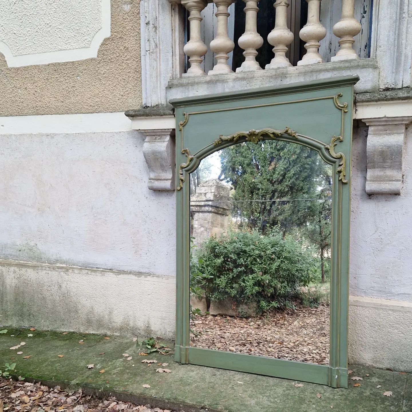 Antique Mirror Large French Mirror Painted Sage Scroll Details Panel