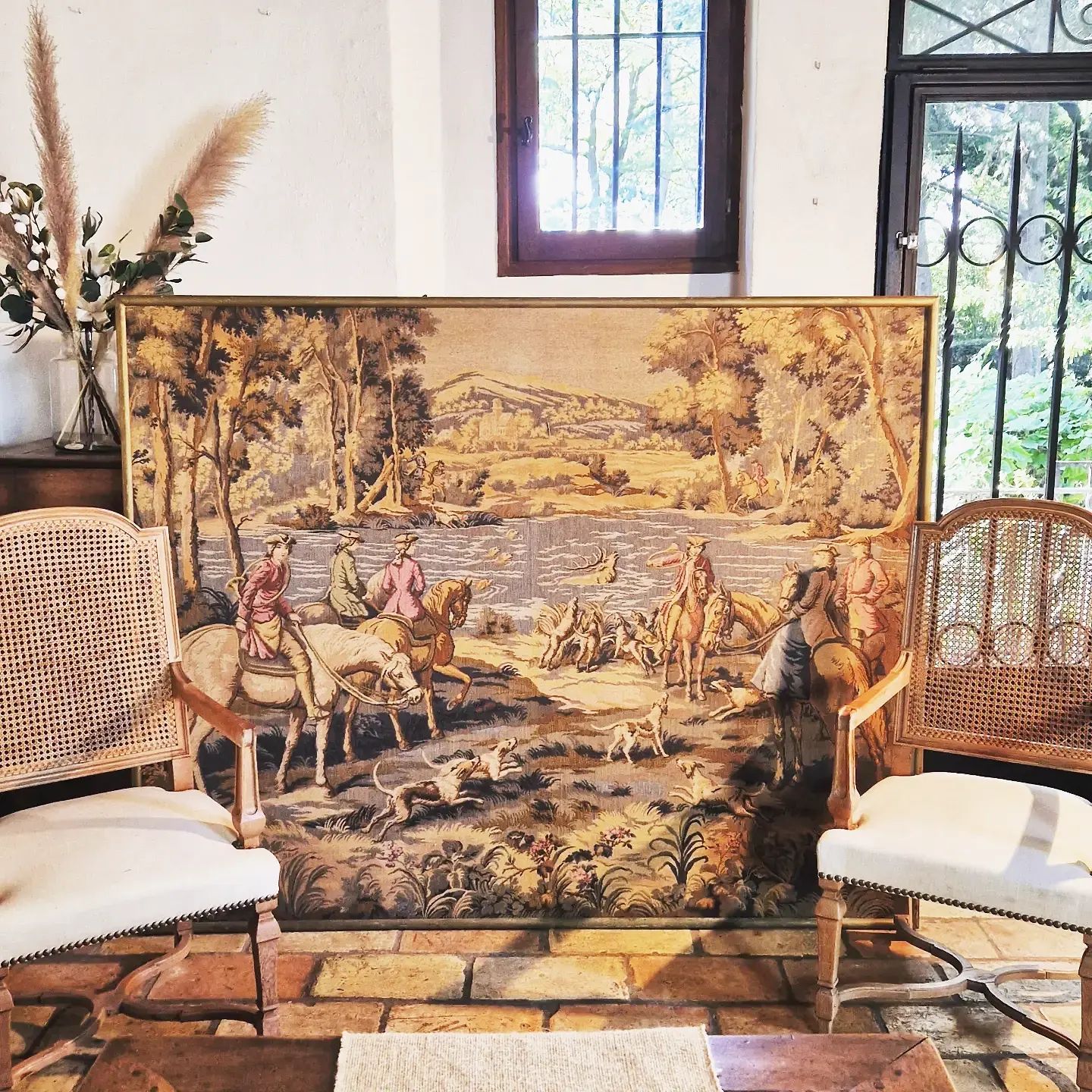 Antique Tapestry Antique Art Authentic Needlepoint Chateau Hunting Scene 190cm Rocaille