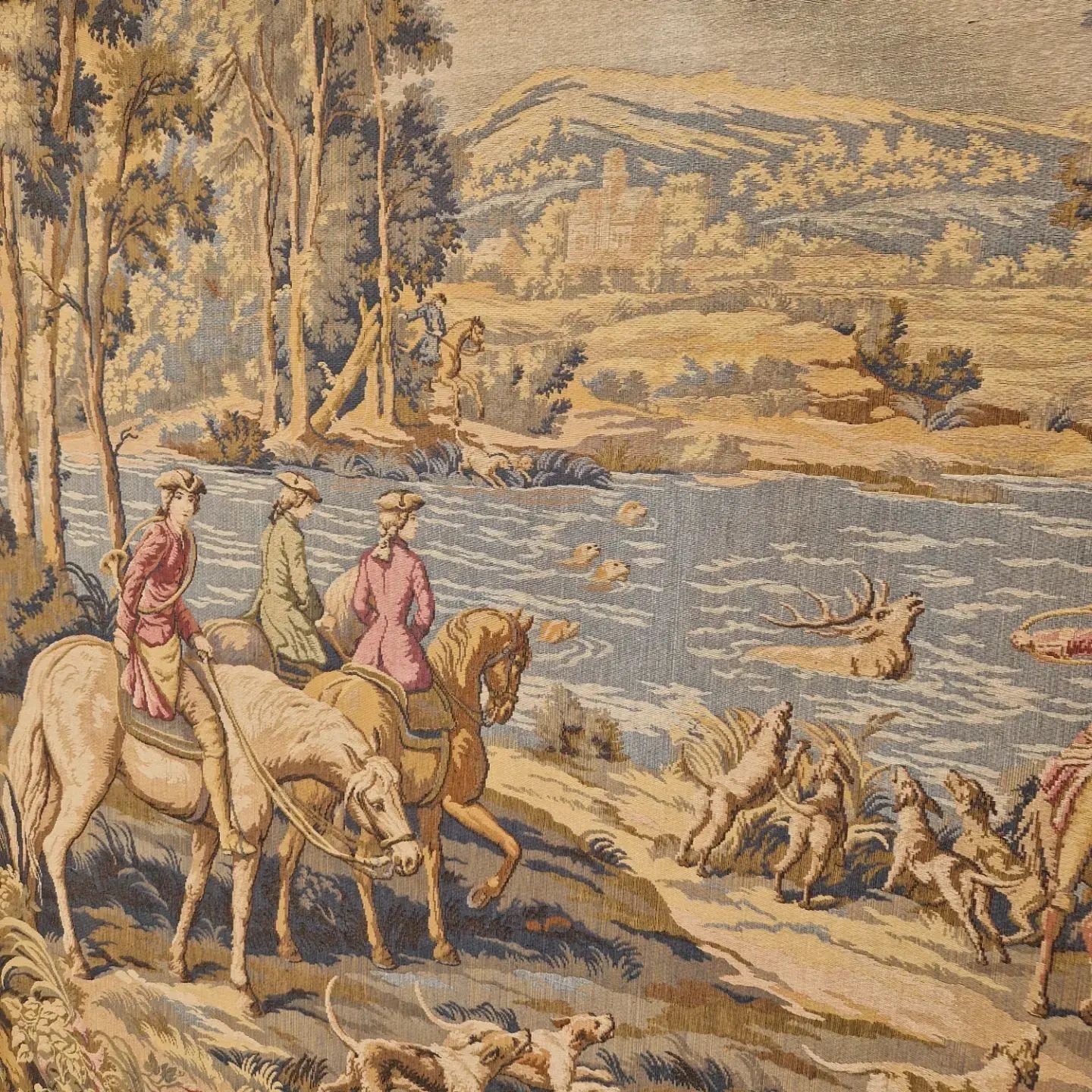Antique Tapestry Antique Art Authentic Needlepoint Chateau Hunting Scene 190cm Rocaille