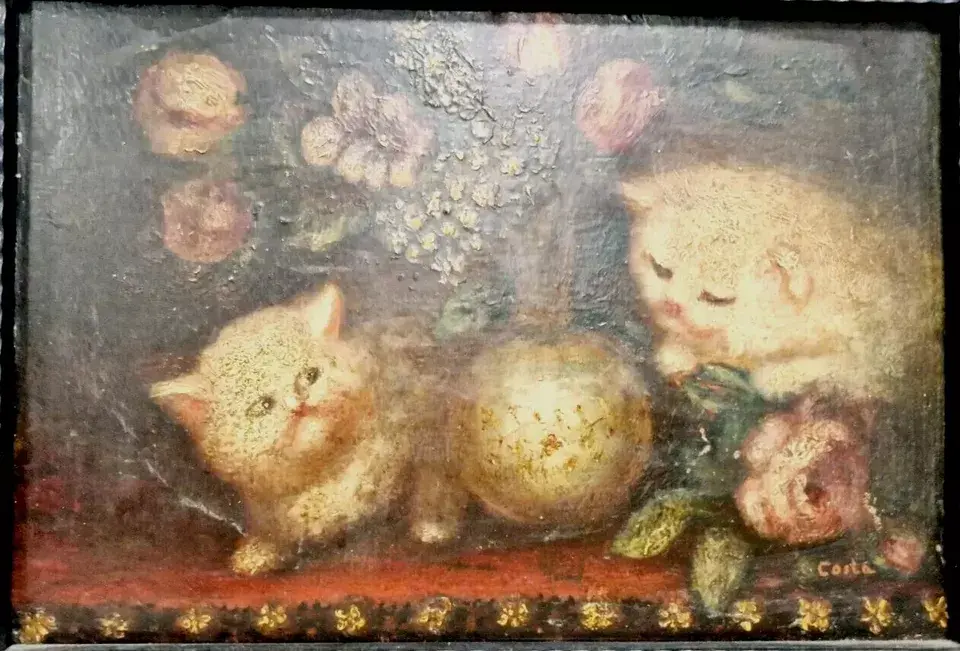 Miniature : Oil Painting Kittens 19th Century Signed COSTA