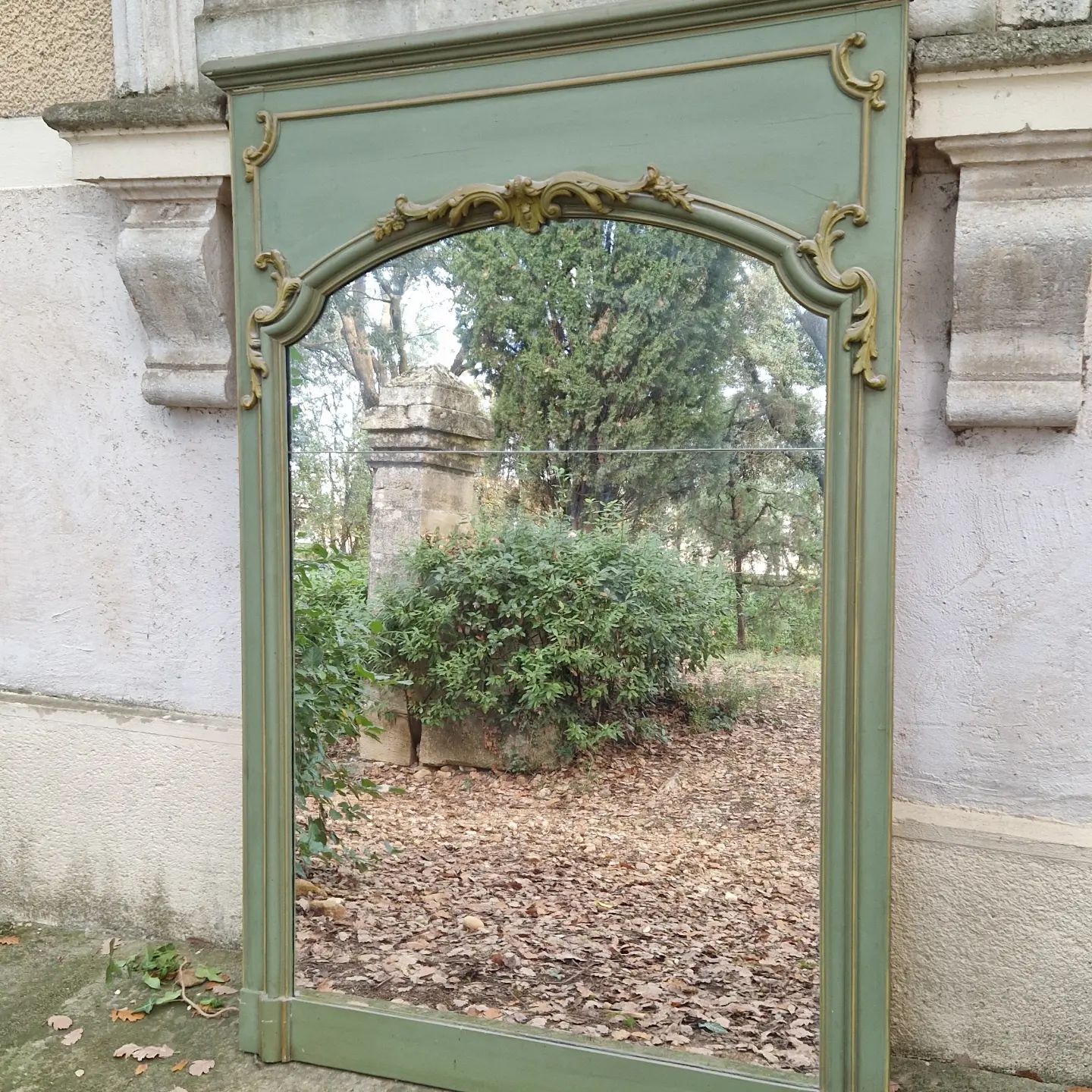 Antique Mirror Large French Mirror Painted Sage Scroll Details Panel
