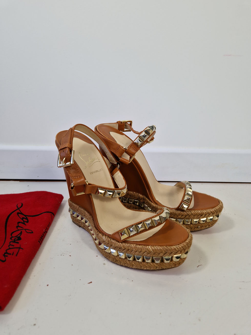 Thumbnail: Authentic Christian Louboutin Cataclou 140 Cognac Studded Espadrille Wedges