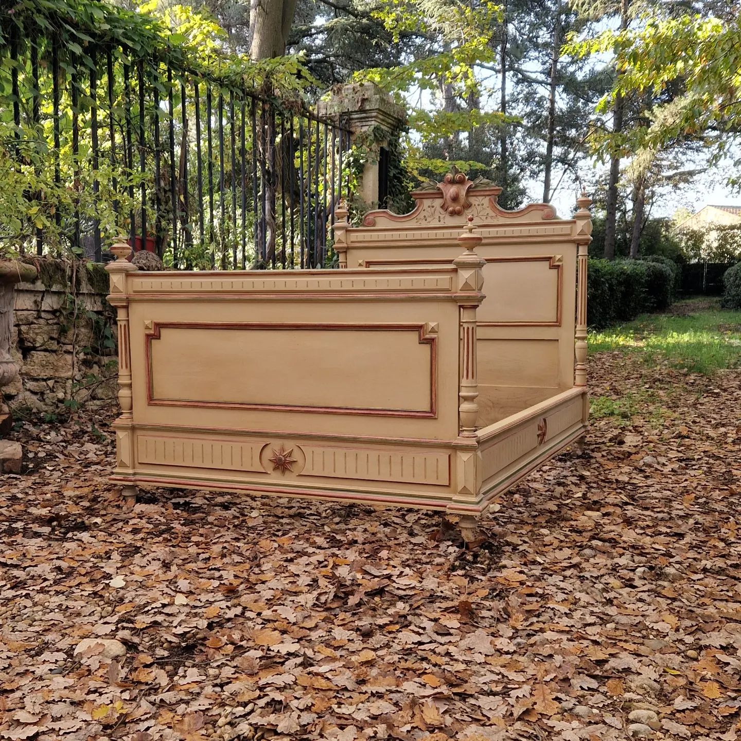 Antique French Bed Double Bed Painted Cream Vintage Style Carved Bed