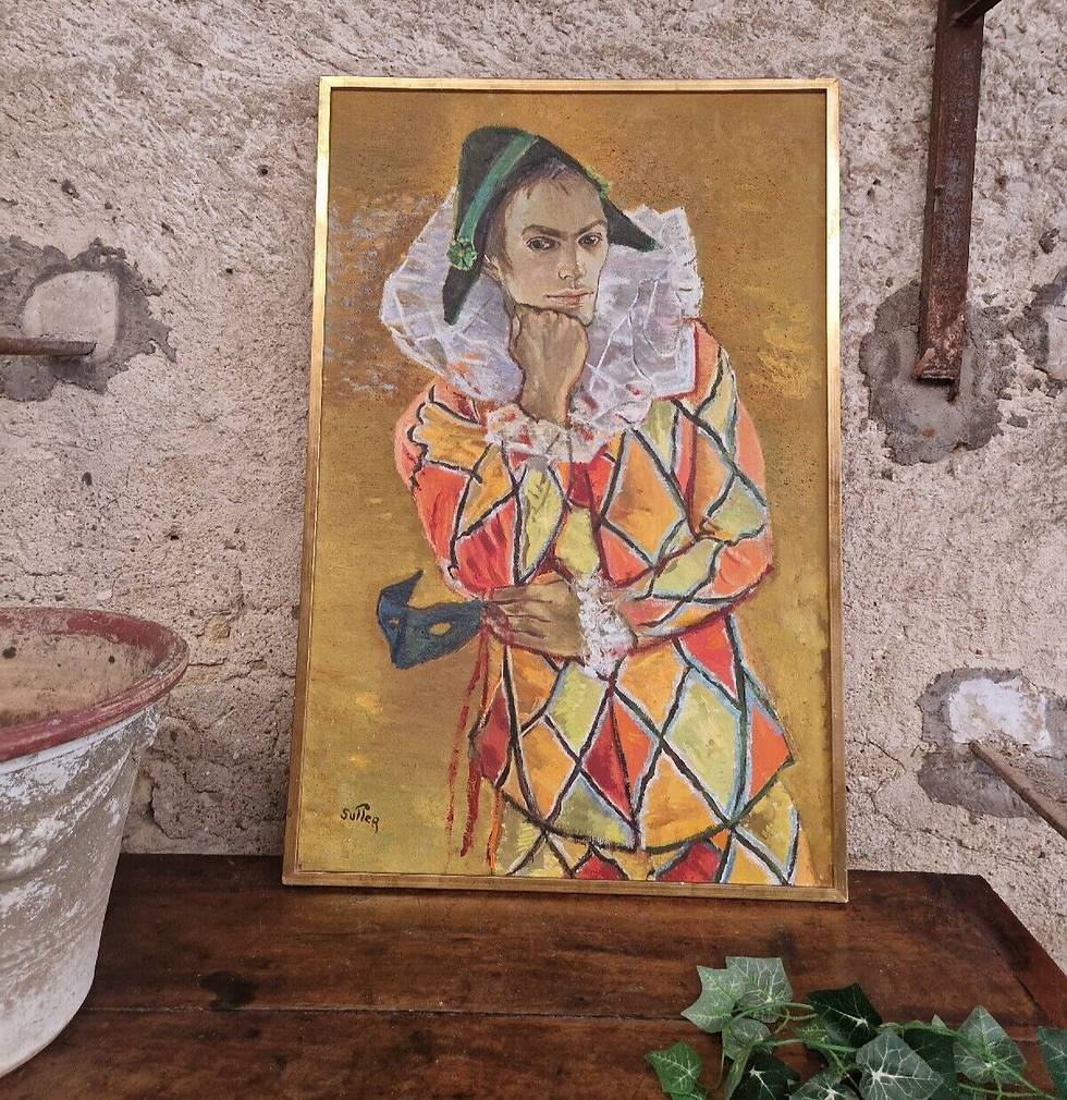 Miniature : Antique Oil Painting On Canvas Harlequin French Mid Century Signed