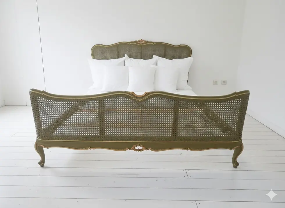 Miniature : Antique Cane Bed King Size Green Lacquered French Rococo Style