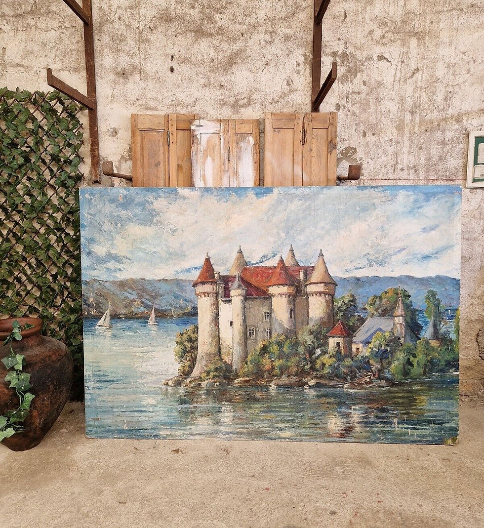 Miniature : Antique Large Oil Painting French Ecole "Vue de Chateau" HUGE