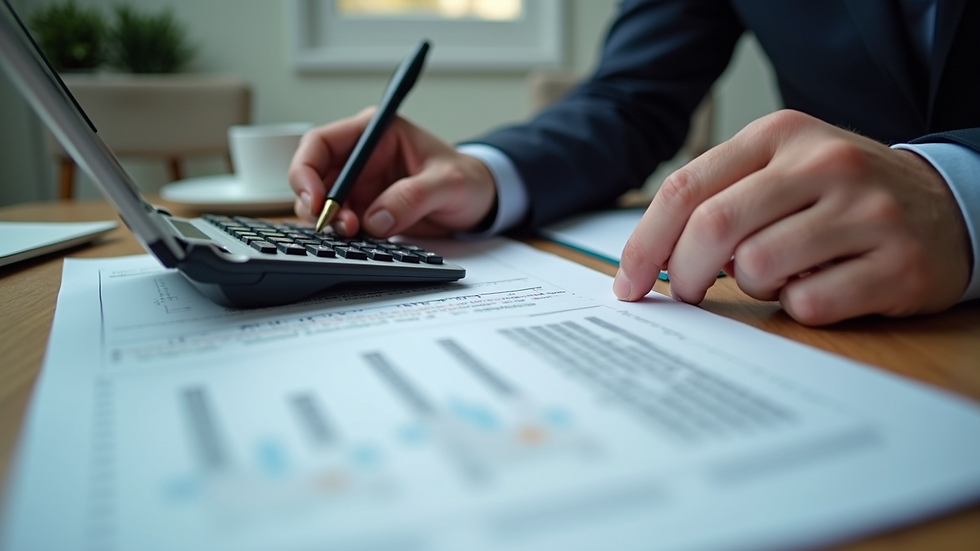 High angle view of a business professional calculating ISO consulting fees