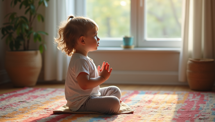 Eye-level view of a child sitting cross-legged on a colorful rug practicing breathing exercises