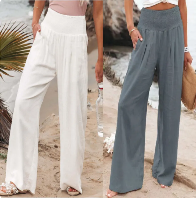 Miniatura: Pantalones de mujer casuales de pierna ancha, de algodón y lino, sueltos