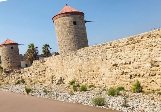 Walls and mills of old town in Rhodes
