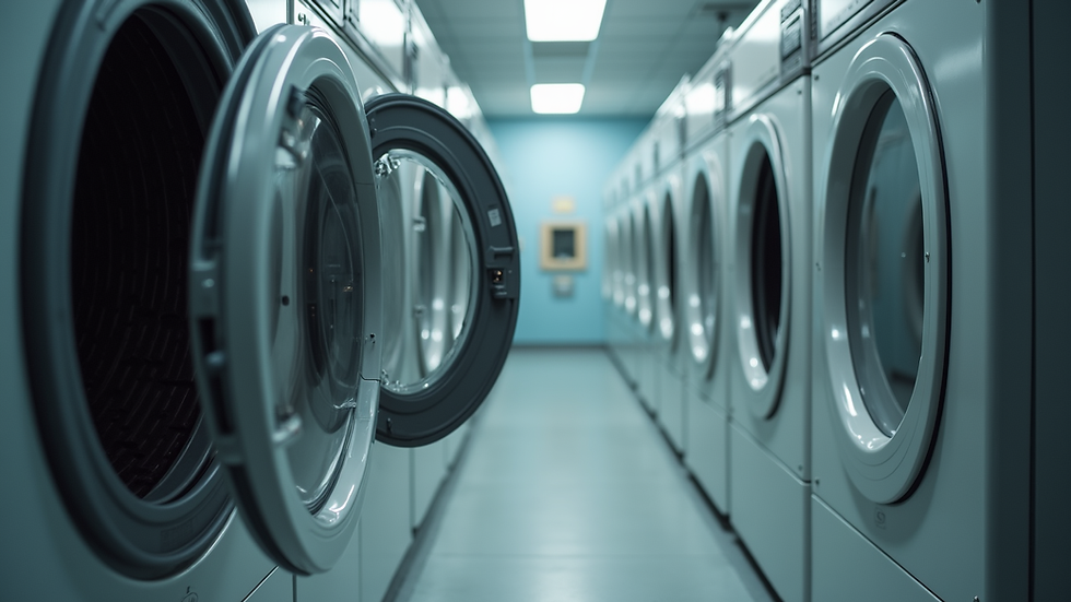 Eye-level view of a washing machine drum open in a laundry room