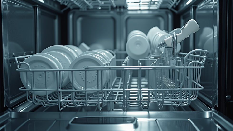 Close-up view of dishwasher interior with clean racks and spray arms