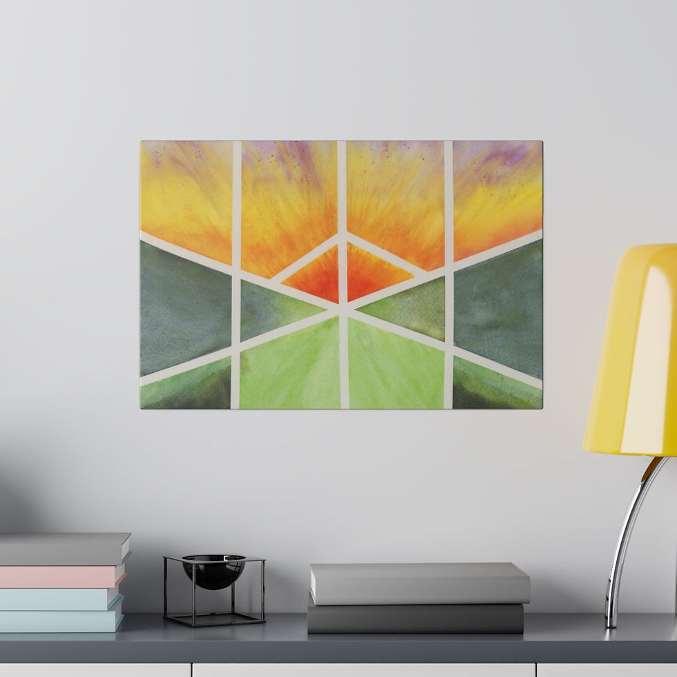 Thumbnail: Watercolor painting of a sunrise or sunset titled "Glorious Golden Hour", mockup displayed on a wall to show size.