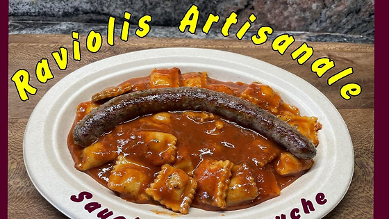 Raviolis de Boeuf Highland avec saucisse d'autruche grillée