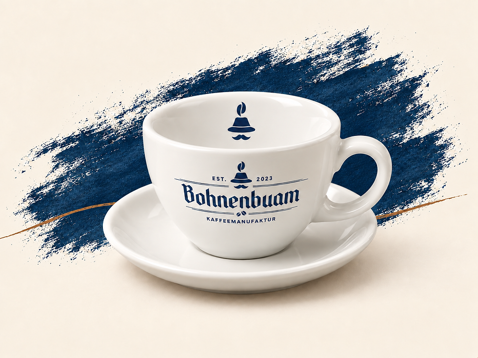 Weiße Bohnenbuam Cappuccinotasse mit Untertasse und Logo