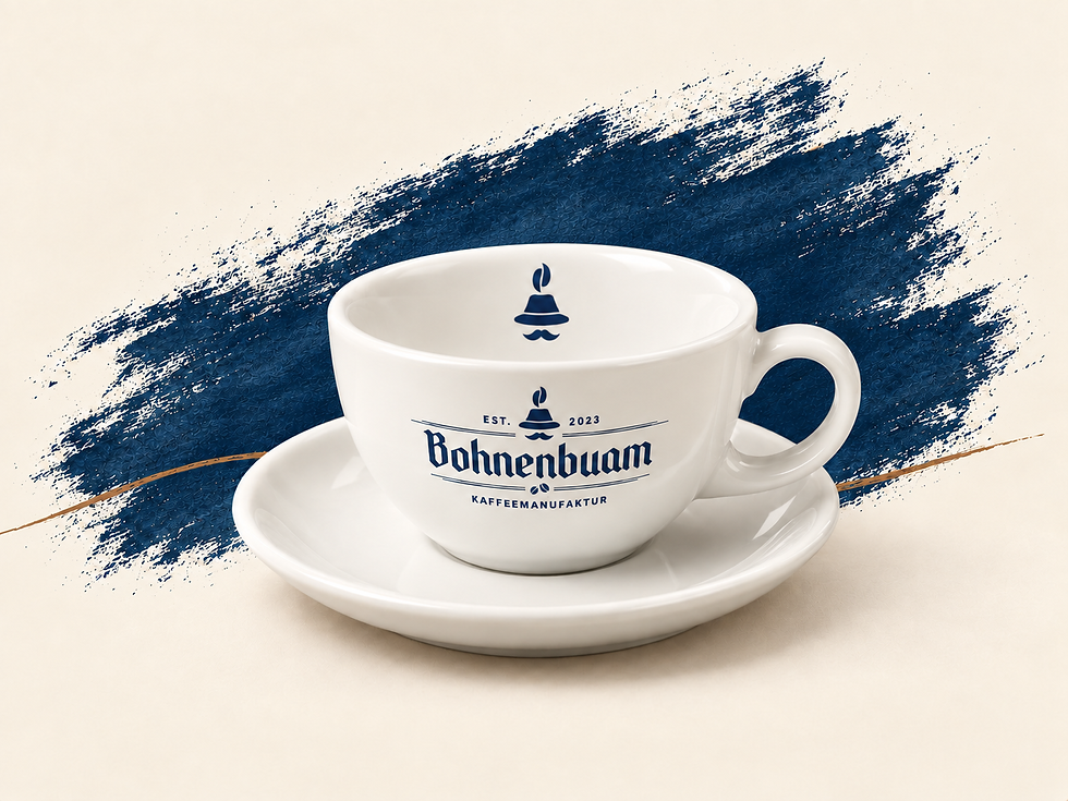 Bohnenbuam Milchkaffeetasse mit Untertasse und Logo