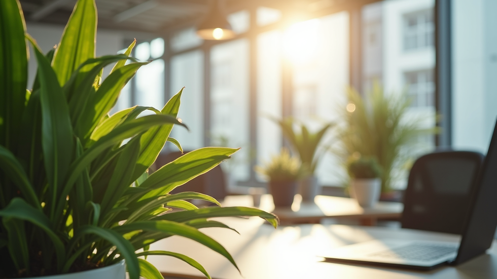 Close-up view of a serene office space with plants and natural light