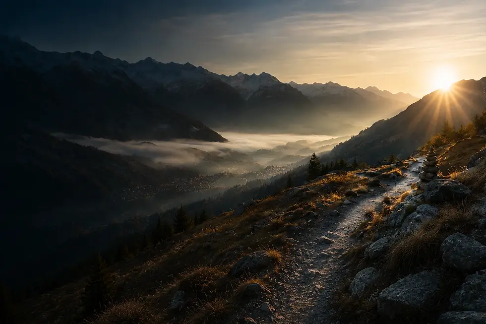 Sentier de montagne bordé d’un cairn, dominant une vallée brumeuse éclairée par le lever du soleil.