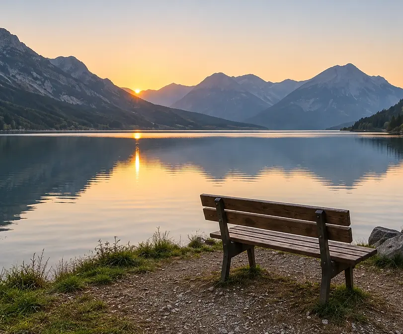 Banc en bois face à un lac alpin calme et aux montagnes, éclairés par le soleil levant.