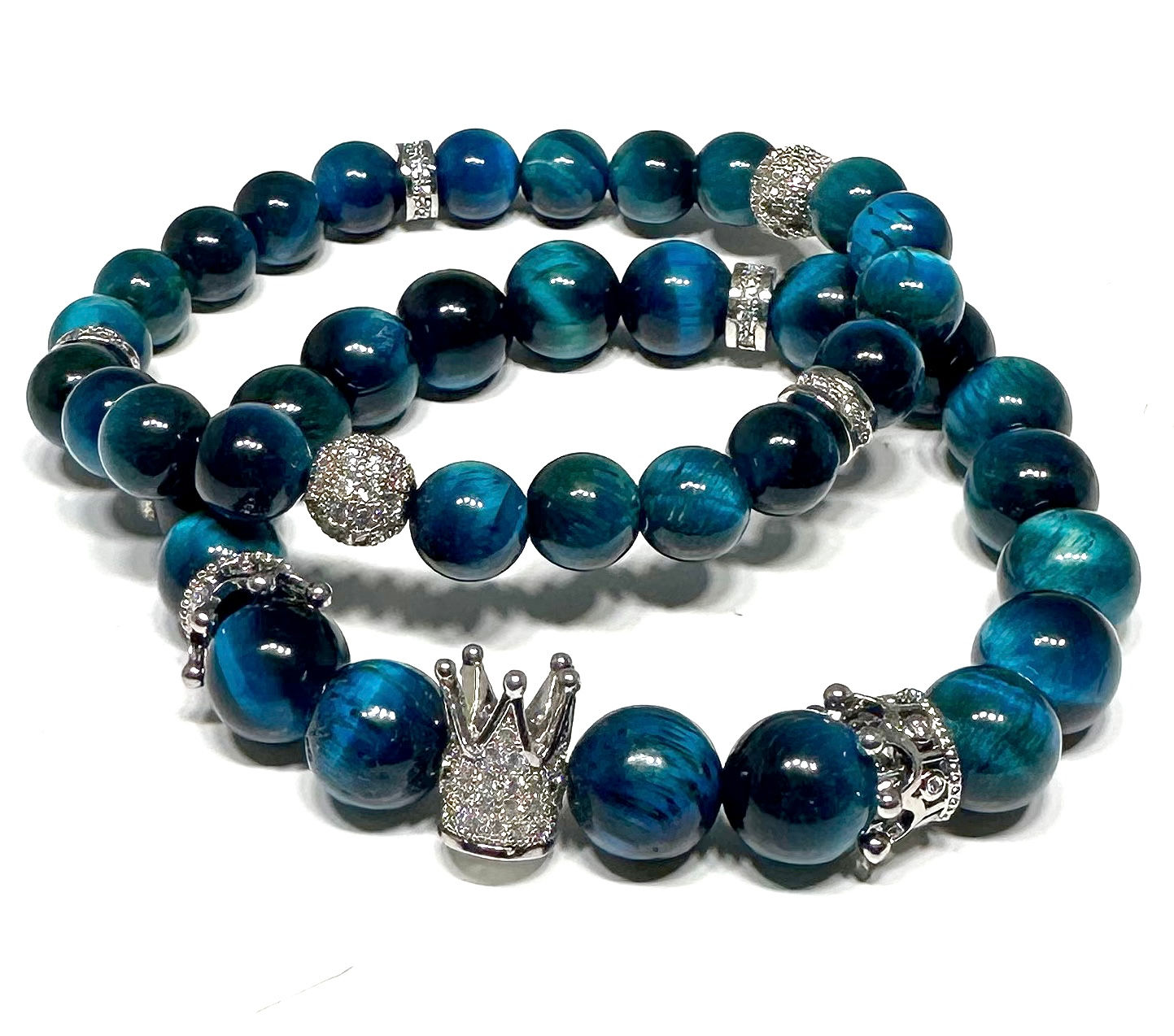 Lake Blue Tiger Eye Crown Bracelet Set(Silver)