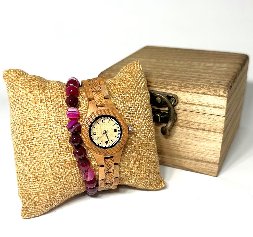 Thumbnail: Fuchsia Agate/Natural Wood Watch Set
