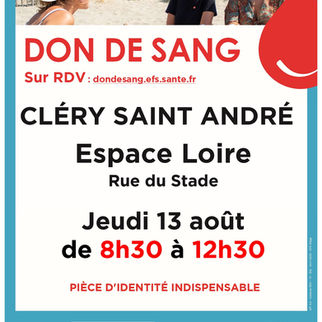 Don de sang - Jeudi 13 août 2026 - Espace Loire - 8h30 à 12h30 (⚠️changement horaires)
