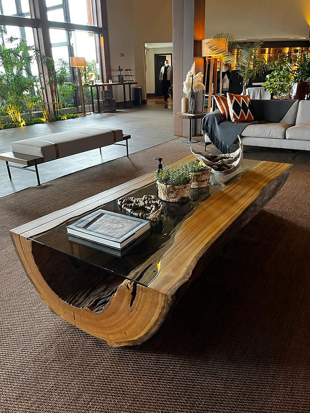 Mesa de centro com oco orgânico no meio e tampo completo com molde de vidro contendo objetos em cima como um livro, vasos de plantas uma escultura no meio de uma sala de espera