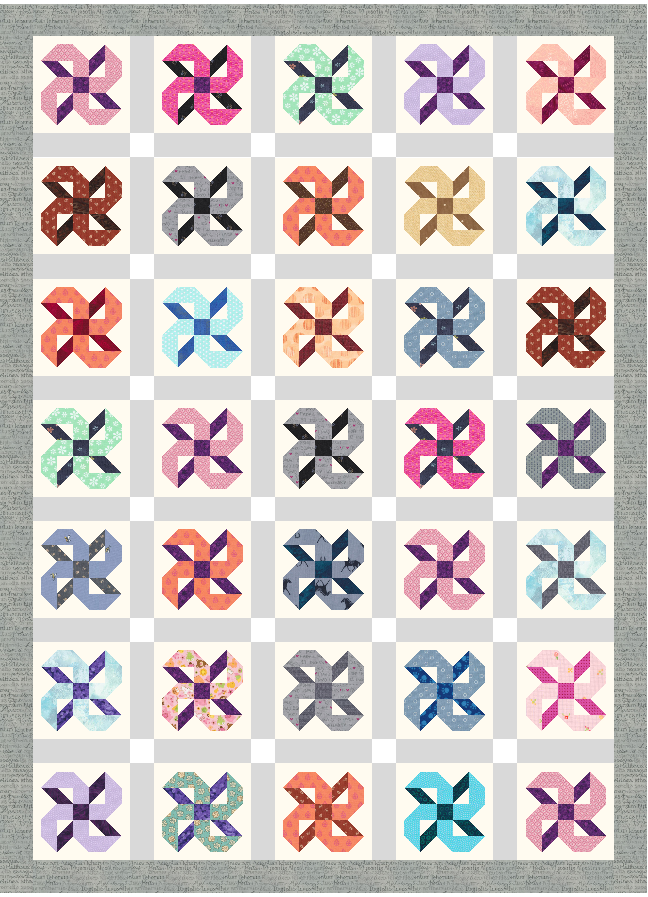 The quilt block pattern with bright, multicolored pinwheel style designs on a checkered background. Gray border with text texture surrounds the quilt.