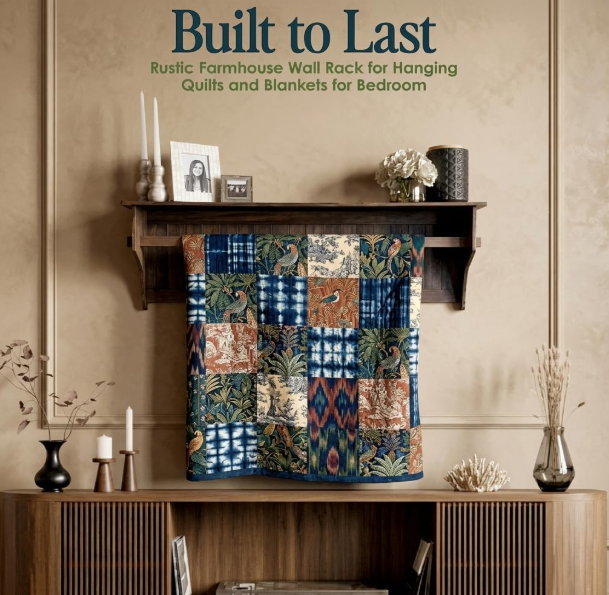 RELODECOR Wall Mounted Quilt Rack with Shelf - Solid Pine Wood, Rustic Farmhouse Style Quilt Hanger