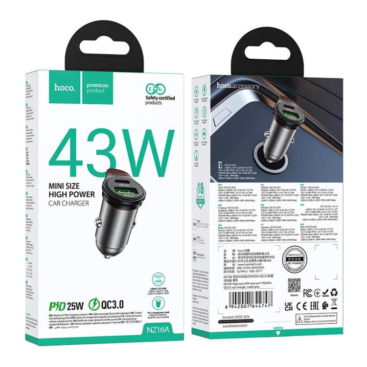 HOCO NZ16A Rigorous – מטען רכב 43W עם יציאות USB-C ו-USB-A