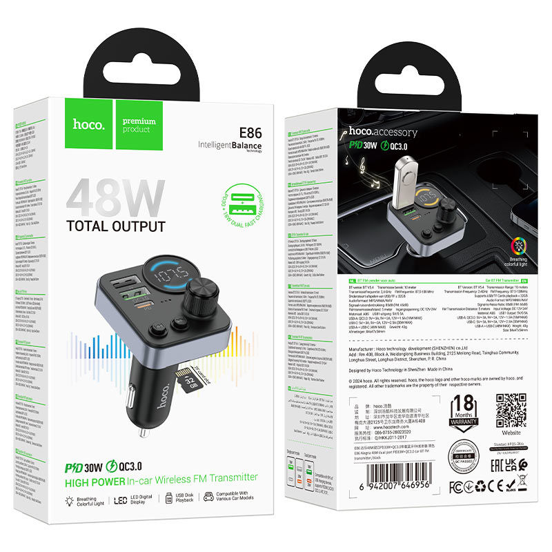 HOCO E86 Alegria – משדר FM ו-Bluetooth לרכב עם טעינה מהירה 48W