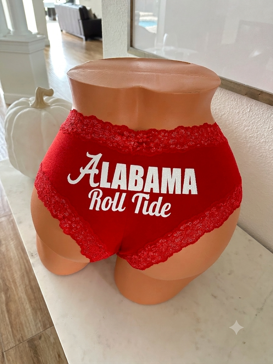 Alabama roll tide in white glitter on a red Victorias secret cheeky panty
